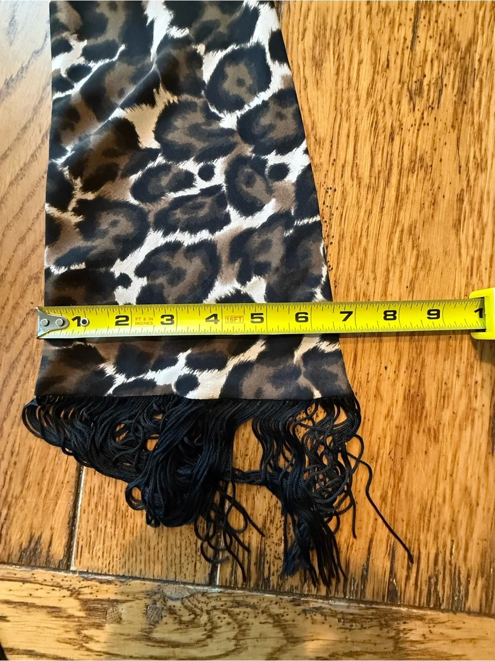 Gorgeous leopard print long silk scarf (or belt) with black fringe